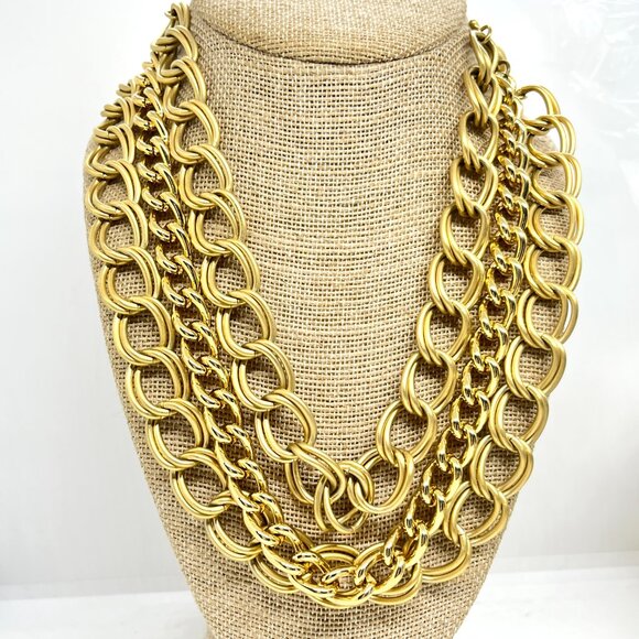 VINTAGE CHUNKY MULTI CHAIN NECKLACE BRUSHED GOLD STATEMENT BIB LUXE runway - Picture 1 of 15